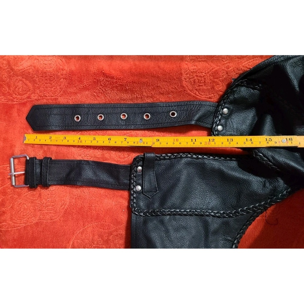 Jafrum Leather Motorcycle Chaps Black Braided Trim Adjustable Buckle Biker Wear - Picture 5 of 13